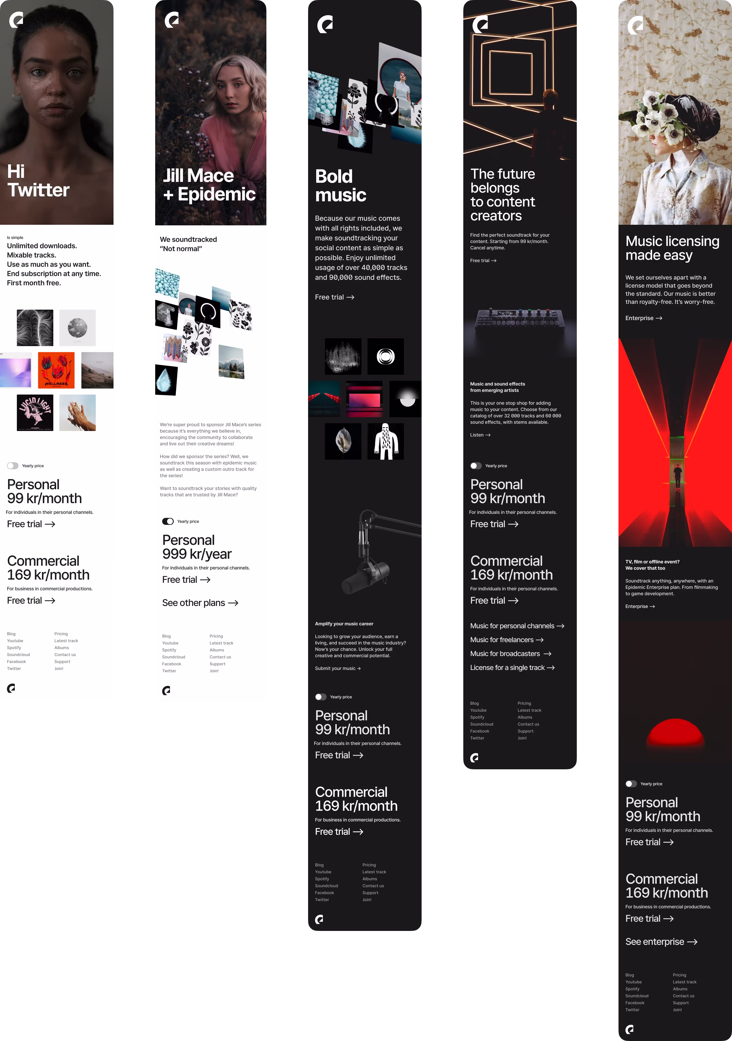 Epidemic Sound landing pages and pricing UI exploring different value propositions and layouts
