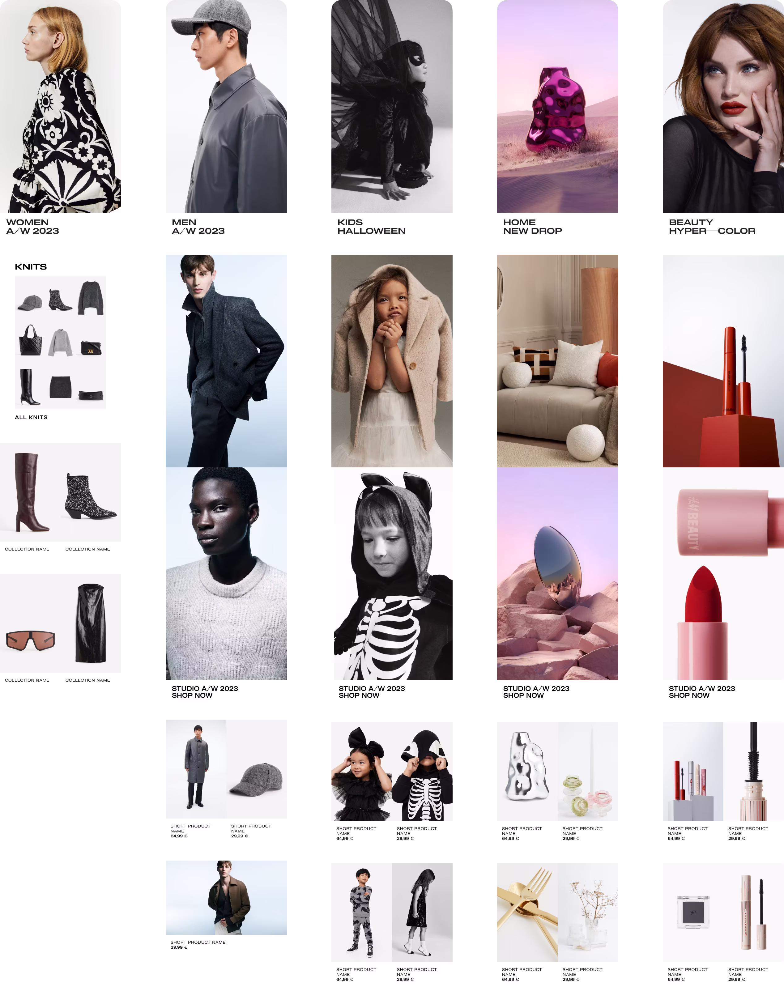 H&M homepage and category page designs for women, men, kids, home, and beauty